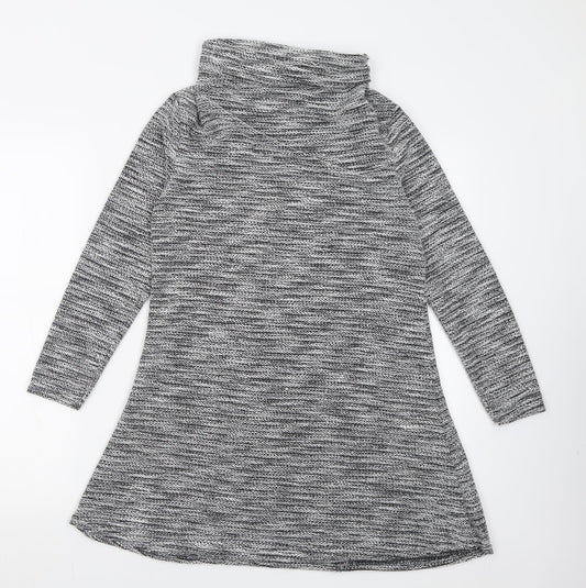 Front view of Miss Sassy women’s silver polyester fit & flare, size S, roll neck pullover