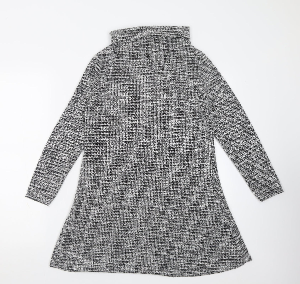Back view of Miss Sassy women’s silver polyester fit & flare, size S, roll neck pullover