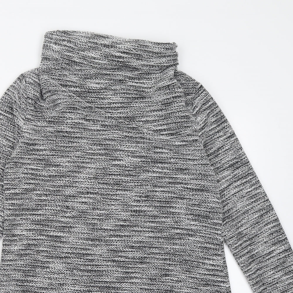 Close-up detail of Miss Sassy women’s silver polyester fit & flare, size S, roll neck pullover