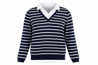 Bonmarché Womens Blue Collared Striped Cotton Pullover Jumper Size 8
