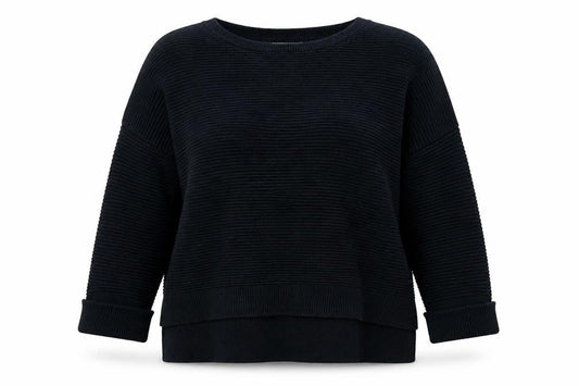 Front view of Alice Collins women’s black crew neck striped viscose jumper, size UK 12