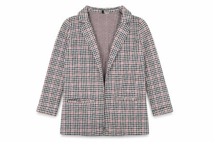 Front view of h^m women’s grey plaid jacket blazer, size S