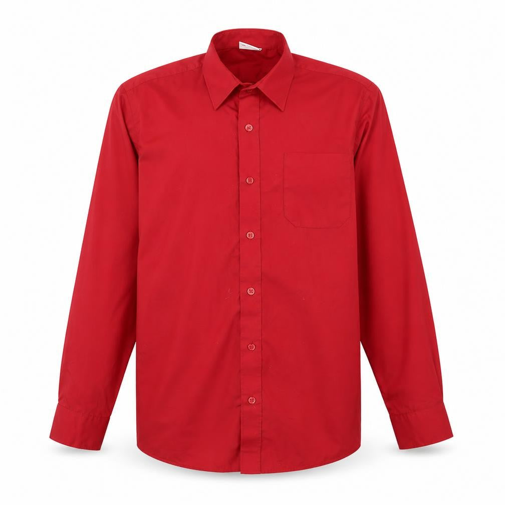 Front view of Banner boys’ red polyacrylate fibre basic button-up, size L, collared button