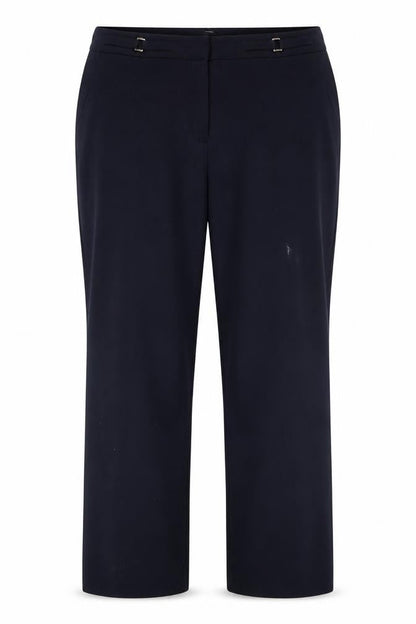 Front view of M&Co women’s blue polyester trousers, size UK 18, 29-inch leg regular hook & eye