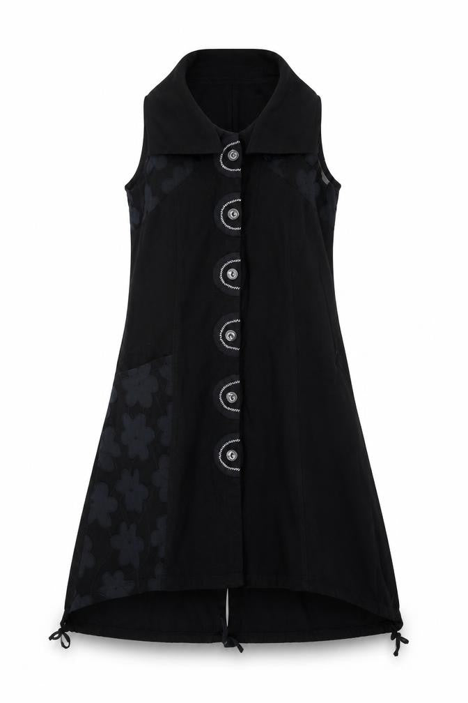 Front view of amimale women’s black cotton a-line, size S, v-neck button