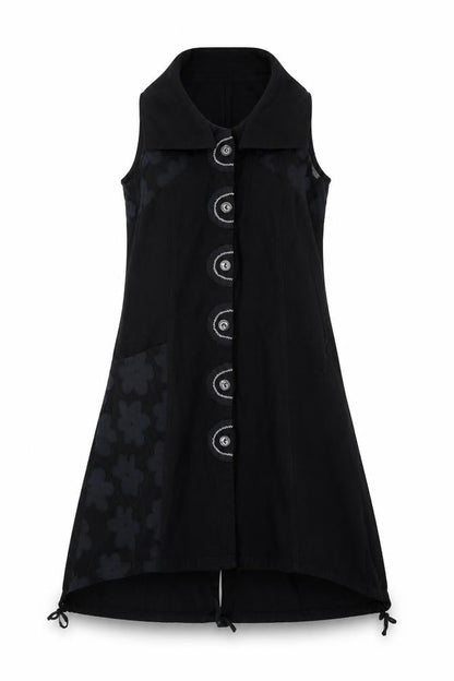Front view of amimale women’s black cotton a-line, size S, v-neck button