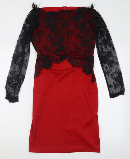 Preworn Womens Red  Cotton Bodycon  Size L  Off the Shoulder Zip - Lace Detail