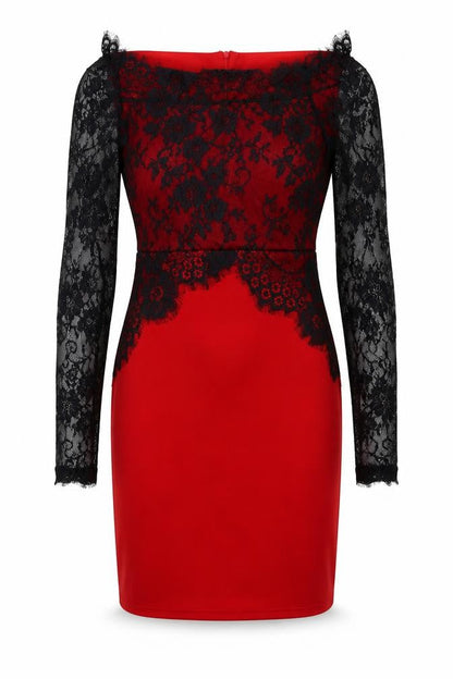 Front view of women’s red cotton bodycon, size L, off the shoulder zip - lace detail
