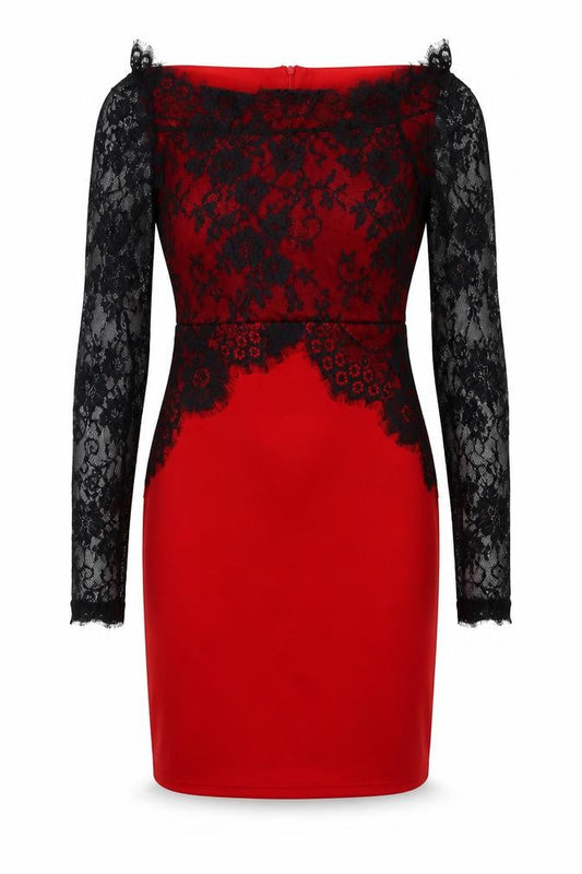 Front view of women’s red cotton bodycon, size L, off the shoulder zip - lace detail