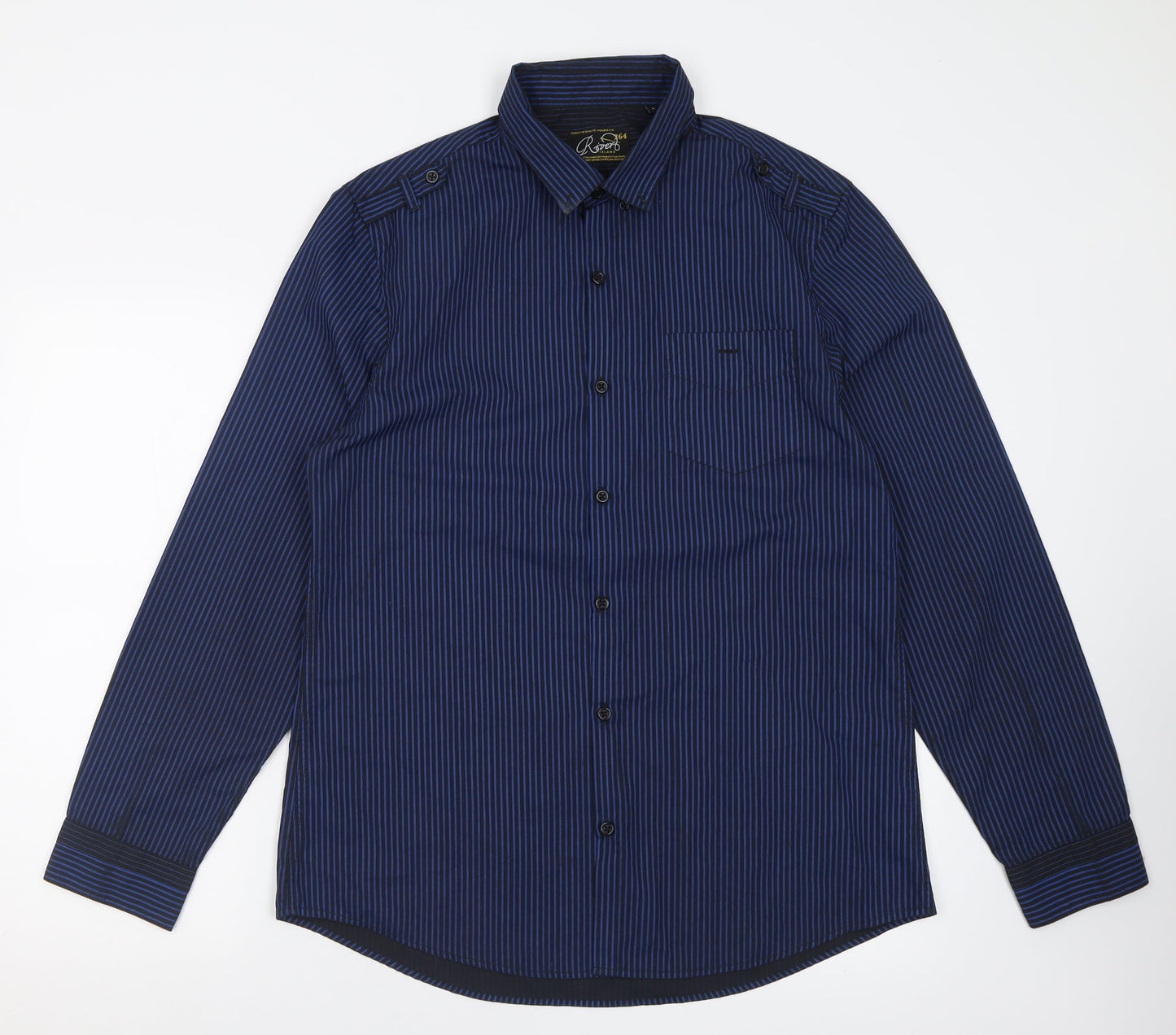 River Island Mens Blue Striped Polyester  Button-Up Size L Collared Button