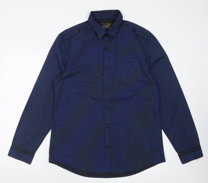 River Island Mens Blue Striped Polyester  Button-Up Size L Collared Button