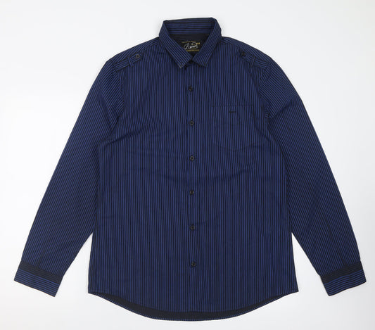 River Island Mens Blue Striped Polyester  Button-Up Size L Collared Button