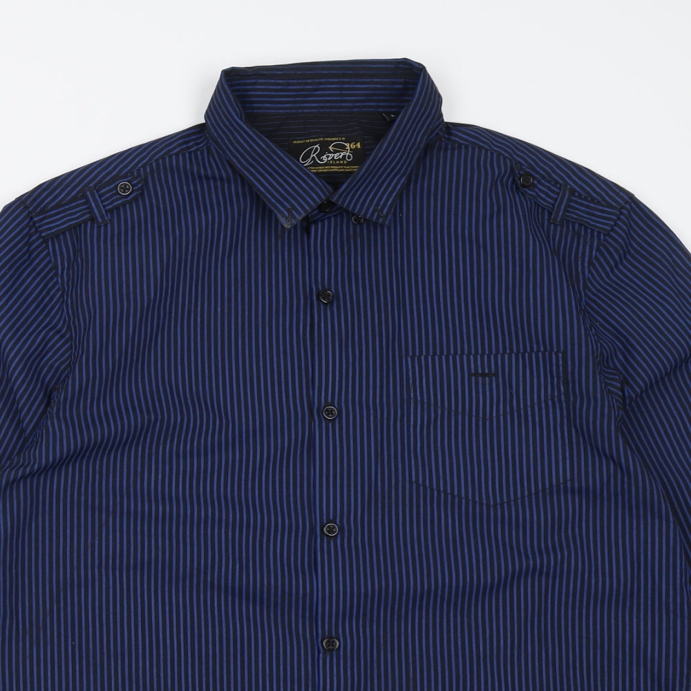 River Island Mens Blue Striped Polyester  Button-Up Size L Collared Button