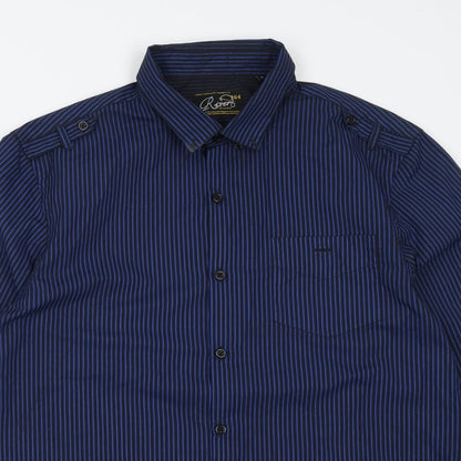 River Island Mens Blue Striped Polyester  Button-Up Size L Collared Button