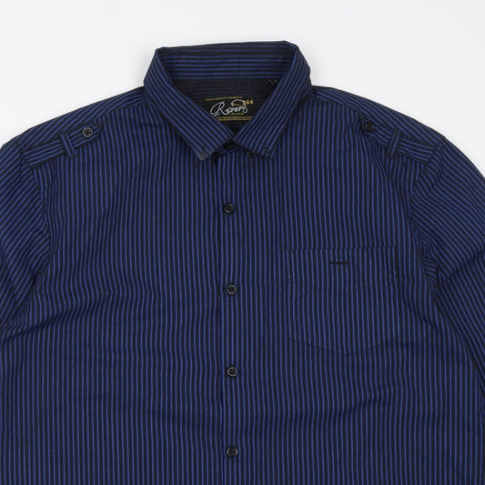 River Island Mens Blue Striped Polyester  Button-Up Size L Collared Button
