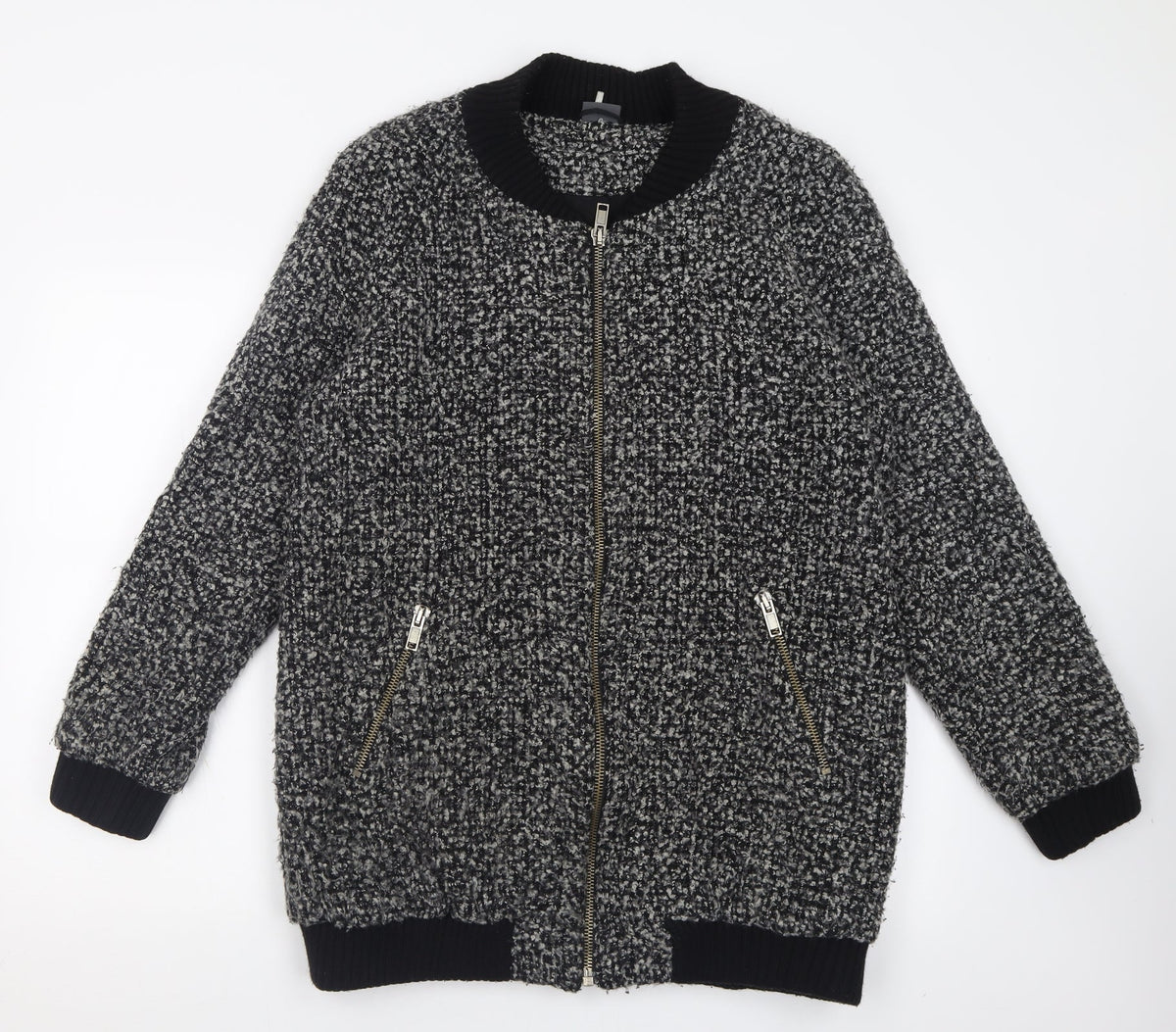 Additional front view of Sparkle & Fade women’s grey geometric jacket, size L, zip