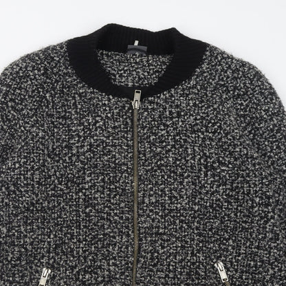 Close-up detail of Sparkle & Fade women’s grey geometric jacket, size L, zip
