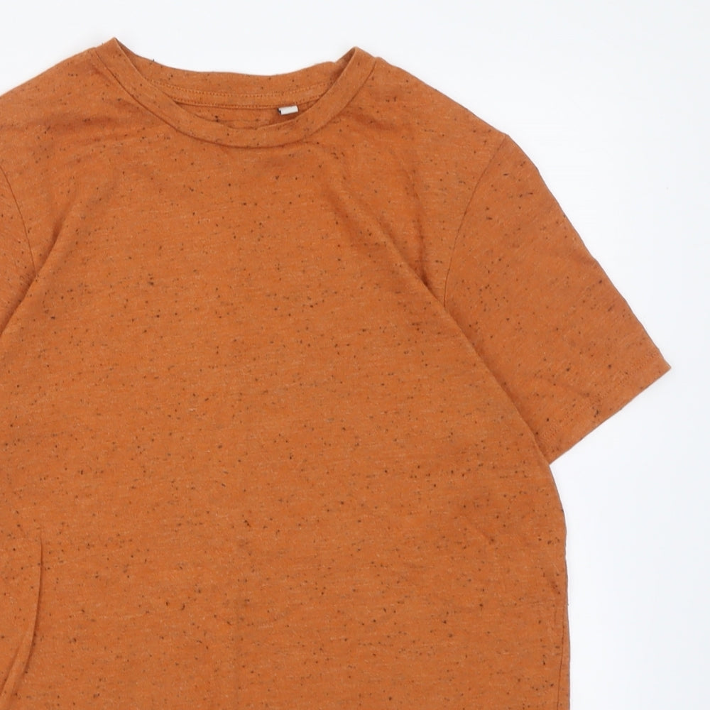Close-up detail of F&F boys’ orange polyester basic t-shirt, size 11, years crew neck pullover - flecked