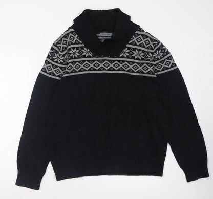 Cedar Wood State Mens Black V-Neck Geometric Cotton Pullover Jumper Size L