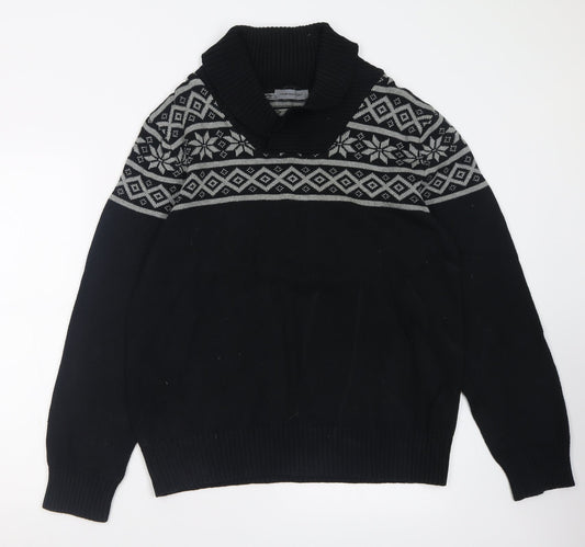 Cedar Wood State Mens Black V-Neck Geometric Cotton Pullover Jumper Size L