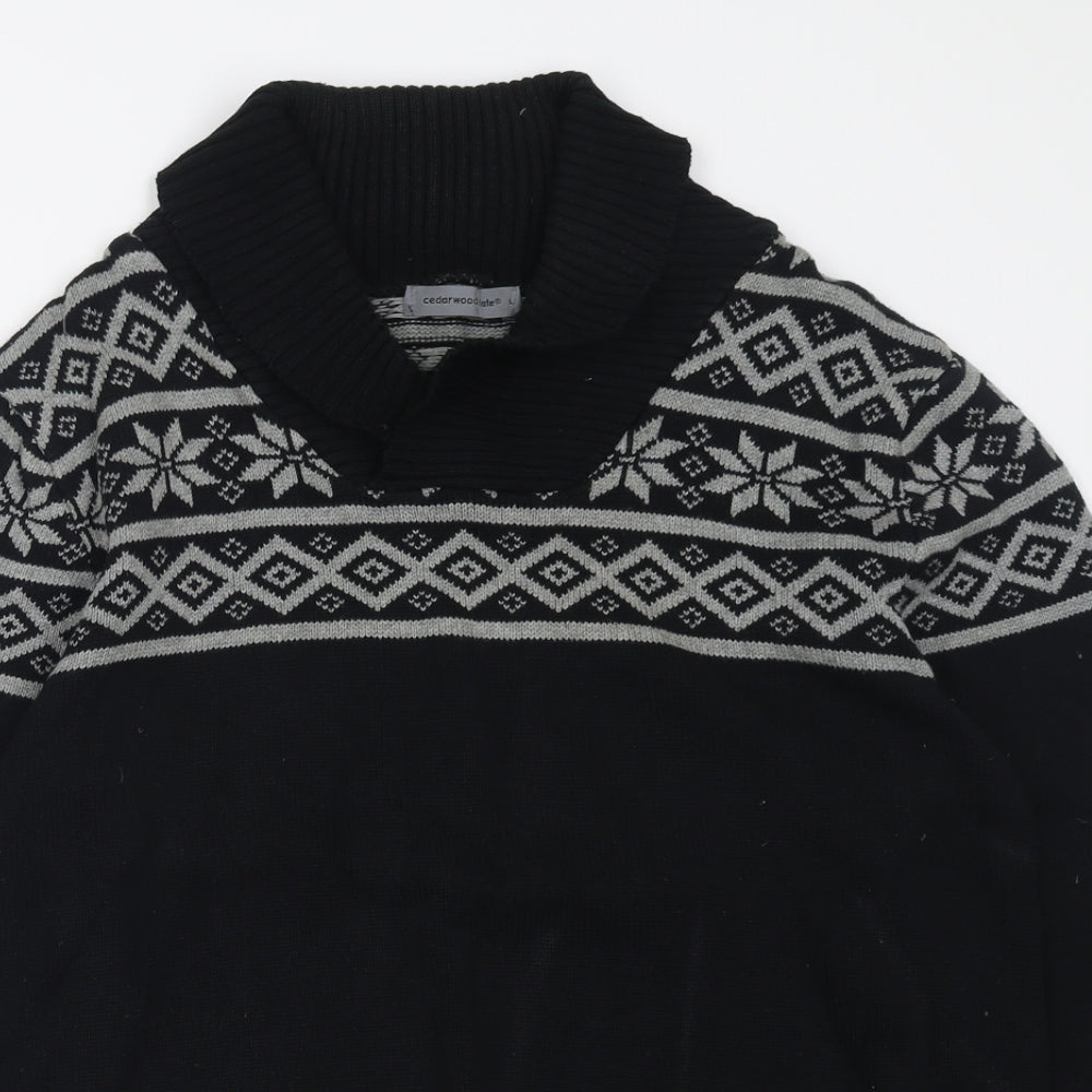 Cedar Wood State Mens Black V-Neck Geometric Cotton Pullover Jumper Size L