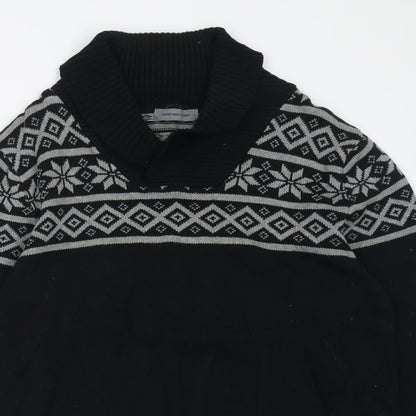 Cedar Wood State Mens Black V-Neck Geometric Cotton Pullover Jumper Size L