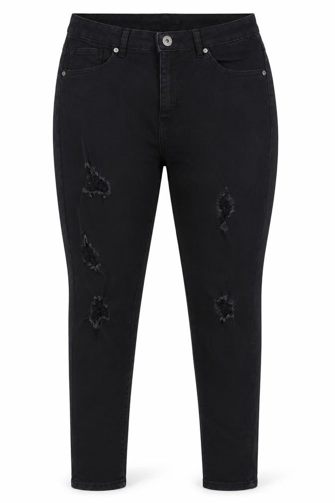 Front view of Boohoo women’s black cotton skinny jeans, size UK 14, 27-inch leg regular button