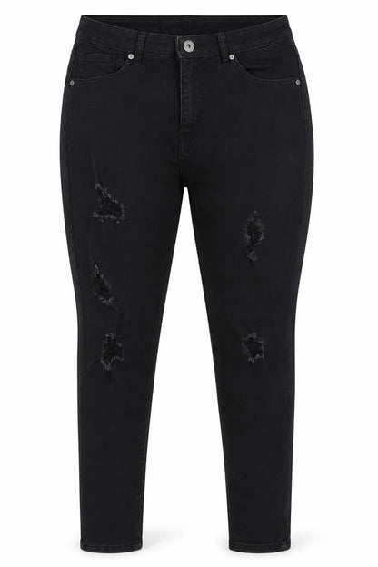 Front view of Boohoo women’s black cotton skinny jeans, size UK 14, 27-inch leg regular button