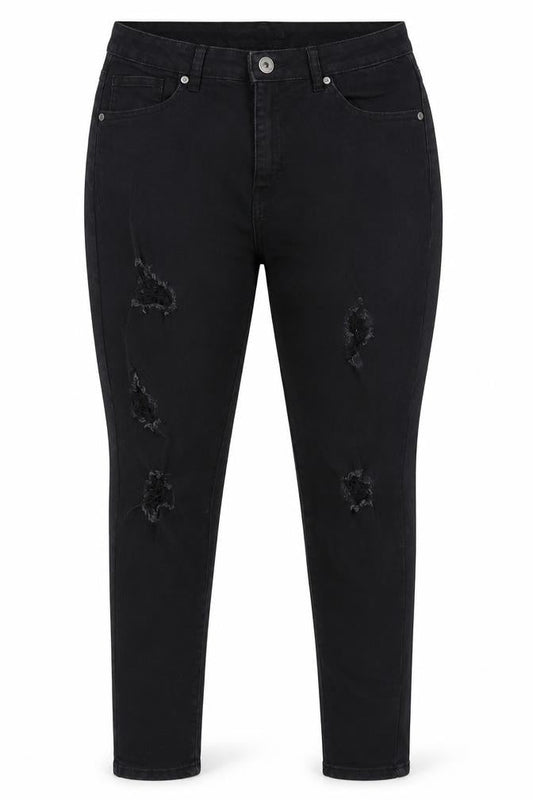 Front view of Boohoo women’s black cotton skinny jeans, size UK 14, 27-inch leg regular button