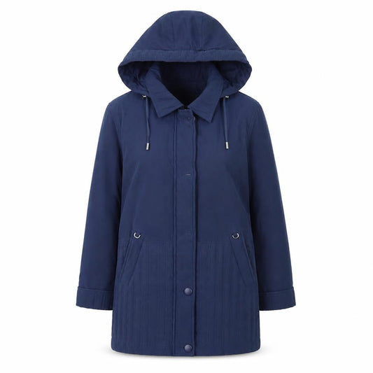 Front view of Astraka women’s blue jacket coat, size S, zip