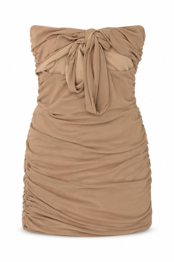 Front view of Pink vanilla women’s beige polyester mini, size UK 10, off the shoulder tie