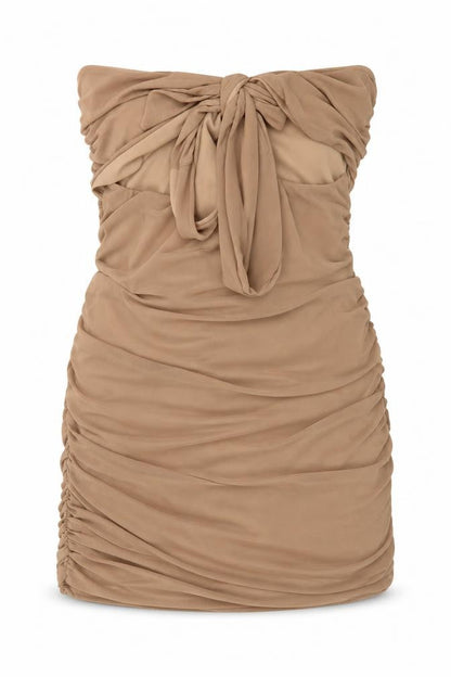 Front view of Pink vanilla women’s beige polyester mini, size UK 10, off the shoulder tie