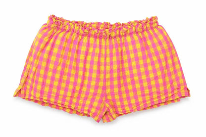 Front view of Next girls’ pink check 100% cotton skimmer shorts, size 11, years regular