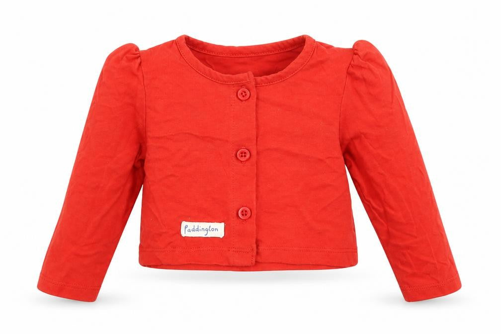 Front view of Matalan girls’ red 100% cotton cardigan jumper one size button