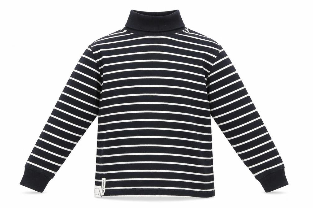 Front view of Zara girls’ blue striped cotton basic t-shirt, size 6, years roll neck pullover