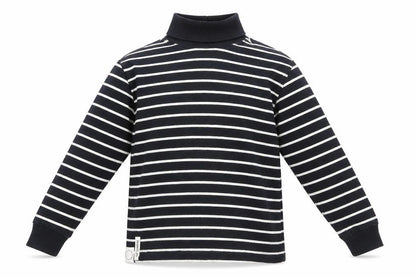 Front view of Zara girls’ blue striped cotton basic t-shirt, size 6, years roll neck pullover