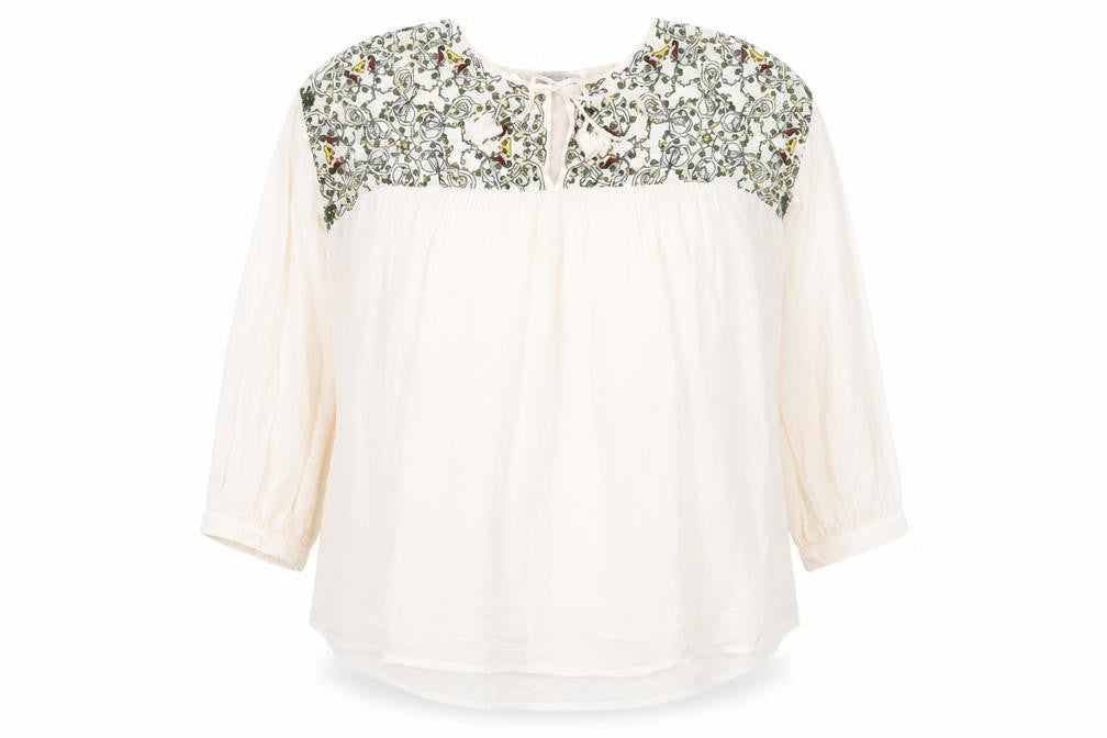 Front view of He Loves Me He Loves Me Not women’s ivory viscose basic blouse, size S, round neck