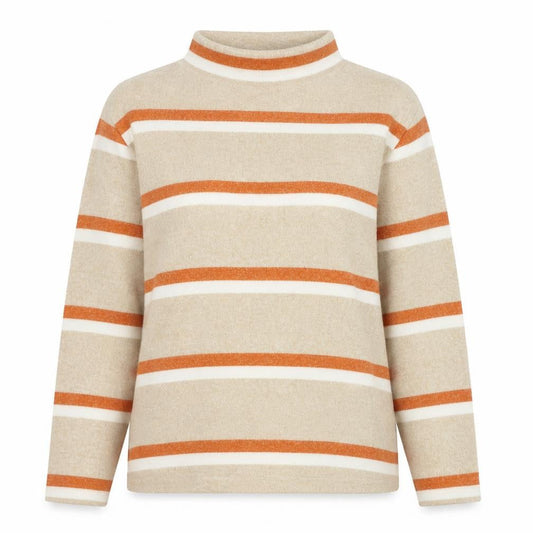 Front view of Tu women’s beige mock neck striped polyester jumper, size UK 14