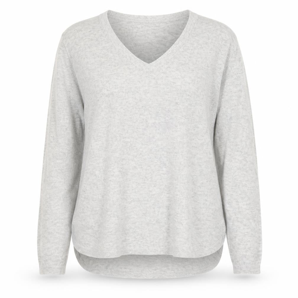 Front view of H&M women’s grey v-neck polyamide cardigan jumper, size UK 6