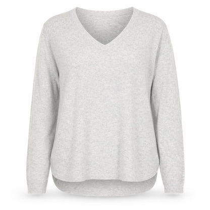 Front view of H&M women’s grey v-neck polyamide cardigan jumper, size UK 6