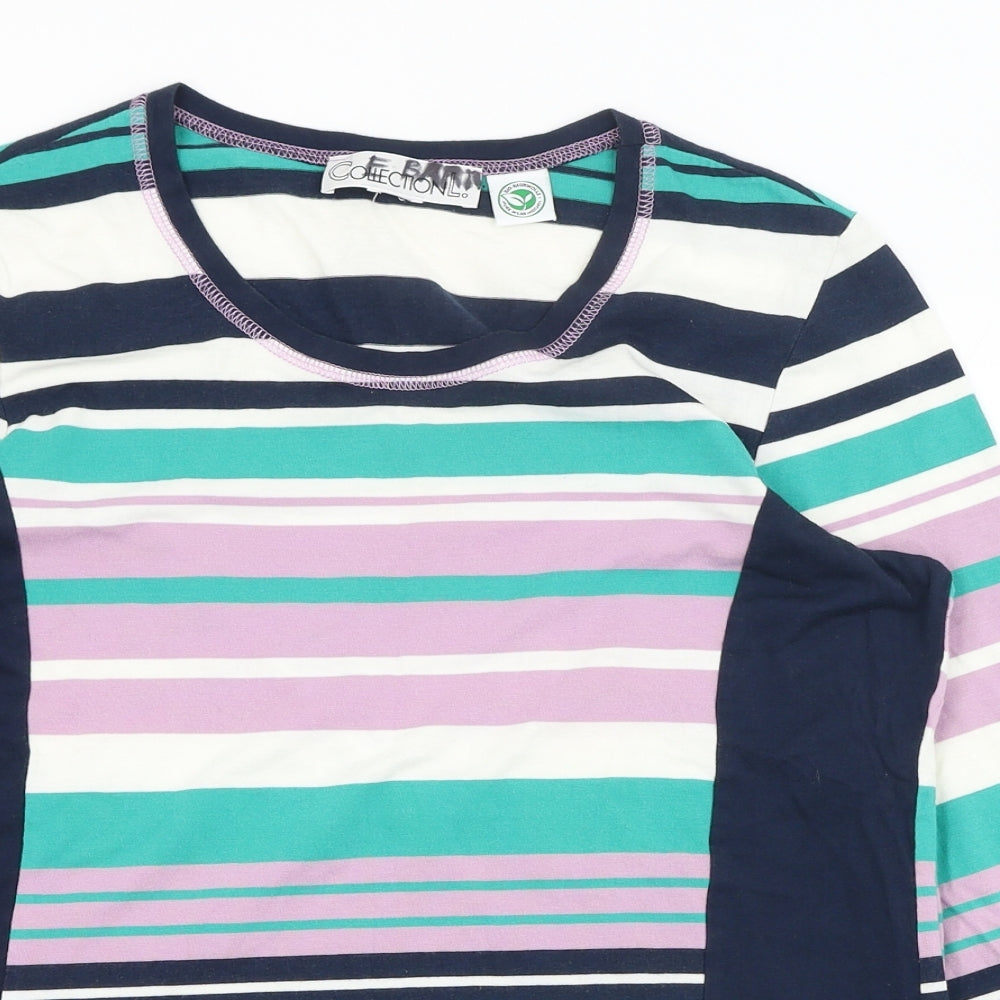 Collection Womens Blue Striped Polyester Basic T-Shirt Size L Round Neck
