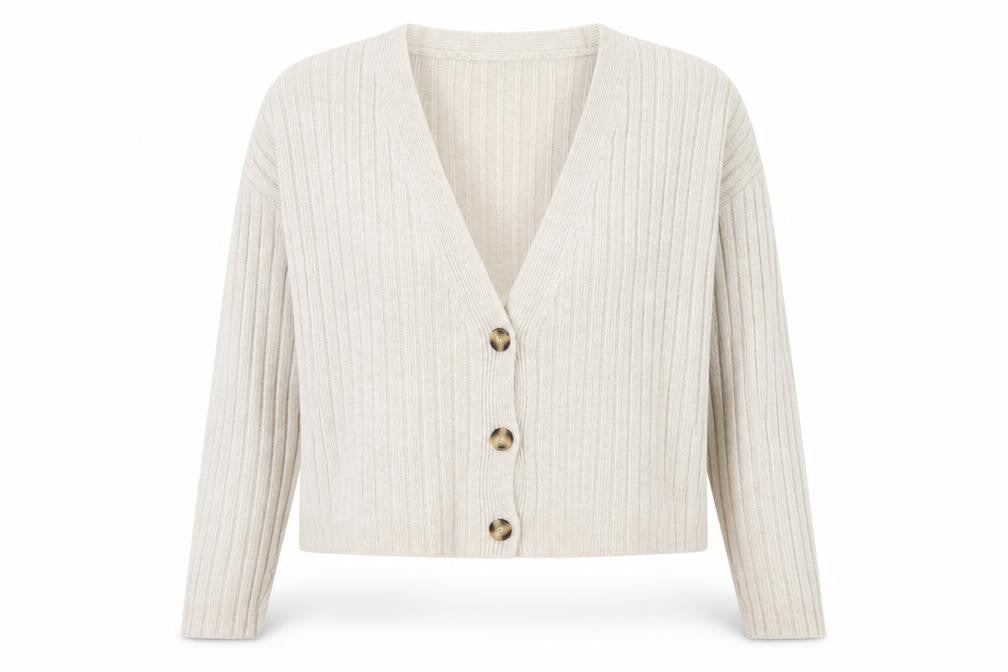 Front view of Primark women’s beige v-neck acrylic cardigan jumper, size UK 8, - 6-8