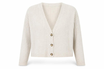 Front view of Primark women’s beige v-neck acrylic cardigan jumper, size UK 8, - 6-8
