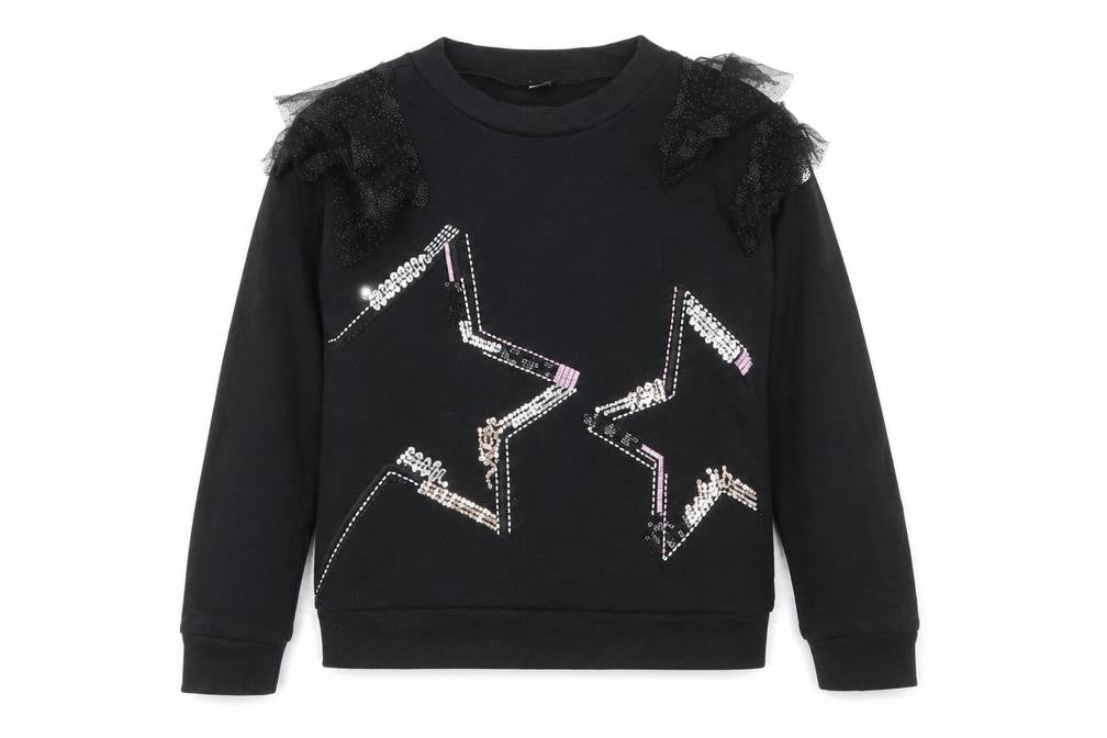 Front view of Tu girls’ black cotton pullover sweatshirt, size 12, years - star