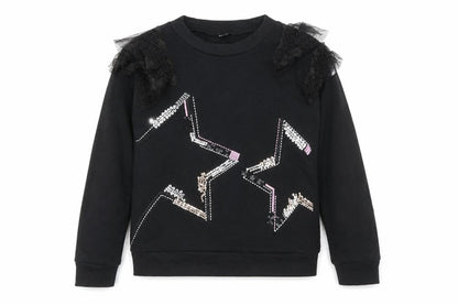 Front view of Tu girls’ black cotton pullover sweatshirt, size 12, years - star