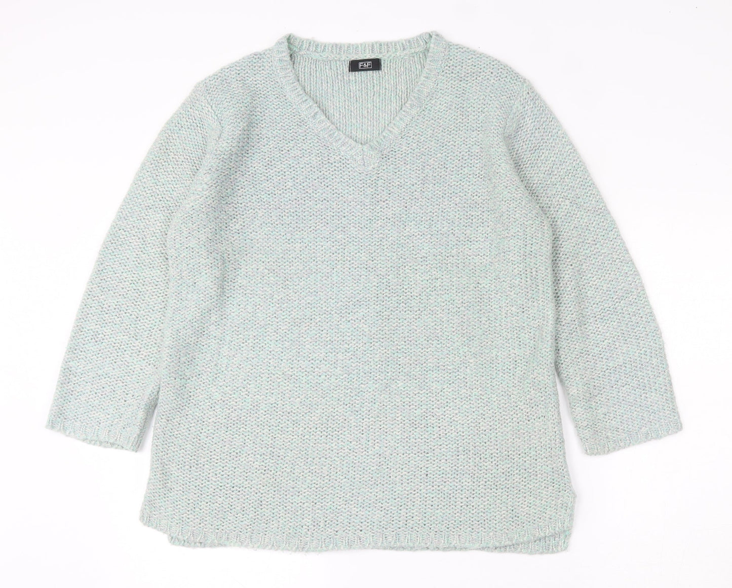 F&F Womens Green V-Neck  Acrylic Pullover Jumper Size 12