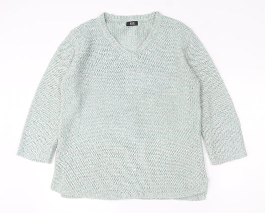 F&F Womens Green V-Neck  Acrylic Pullover Jumper Size 12