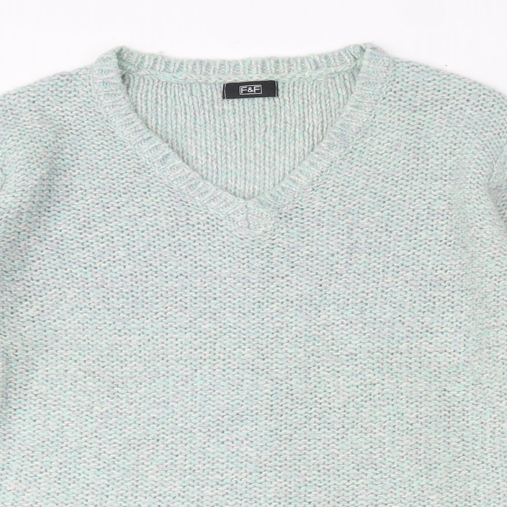 F&F Womens Green V-Neck  Acrylic Pullover Jumper Size 12