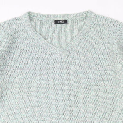 F&F Womens Green V-Neck  Acrylic Pullover Jumper Size 12
