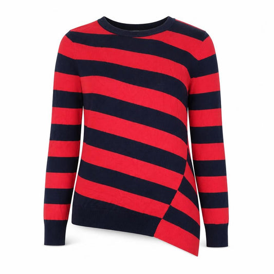 Front view of Retrology women’s red round neck striped rayon jumper, size S